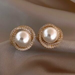 Gold Rhinestone and Pearl Stainless Steel Stud Earrings